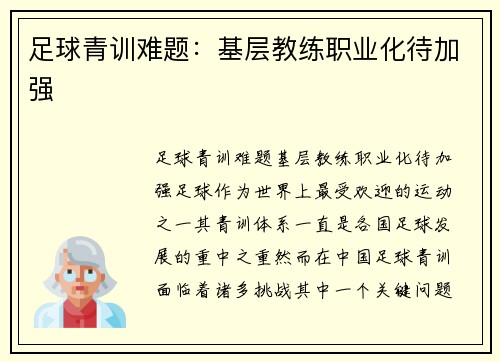 足球青训难题：基层教练职业化待加强